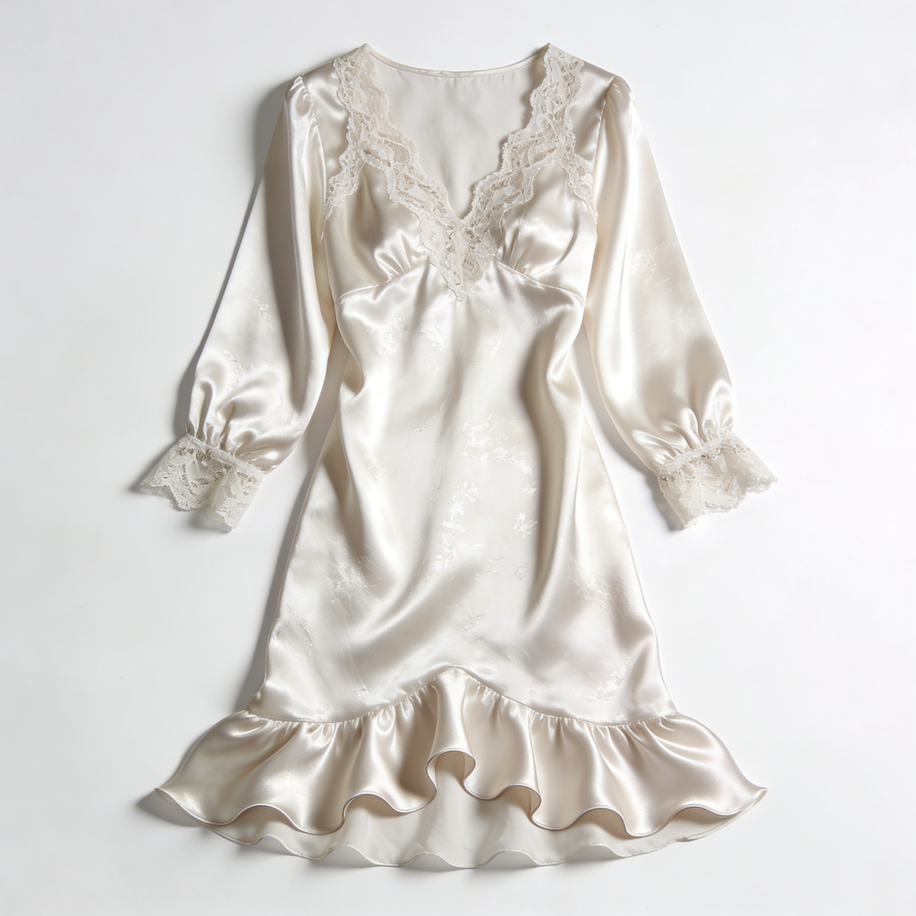 Cream Lace Trim Long Sleeve Satin Mermaid Nightdress